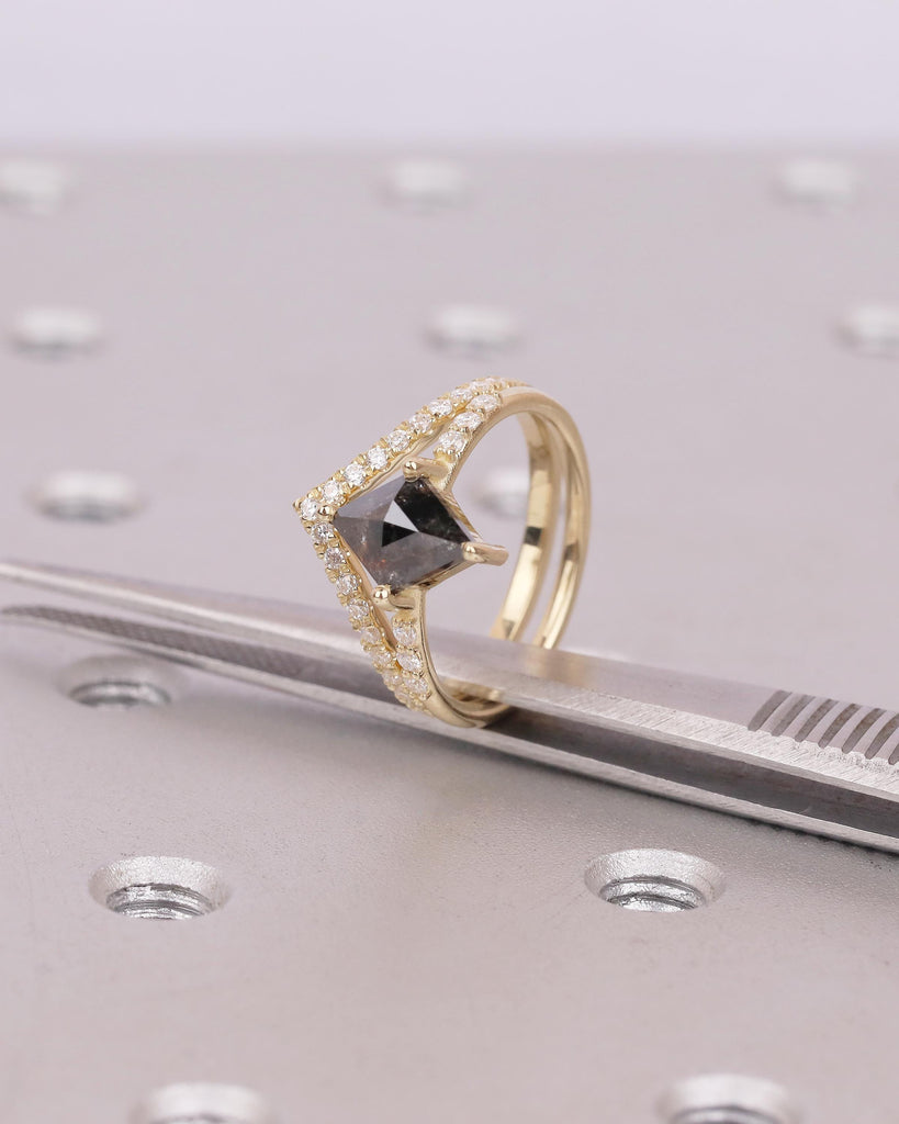 Kite Salt and Pepper Diamond Engagement Ring, Art Deco 14k Gold Bridal Ring Set, Moissanite Stacking Rings, Anniversary jewelry for Women image #3
