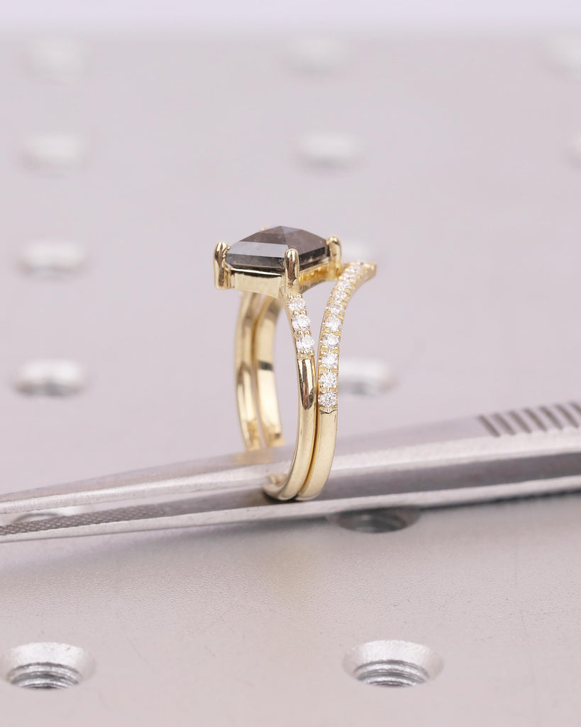 Kite Salt and Pepper Diamond Engagement Ring, Art Deco 14k Gold Bridal Ring Set, Moissanite Stacking Rings, Anniversary jewelry for Women image #12