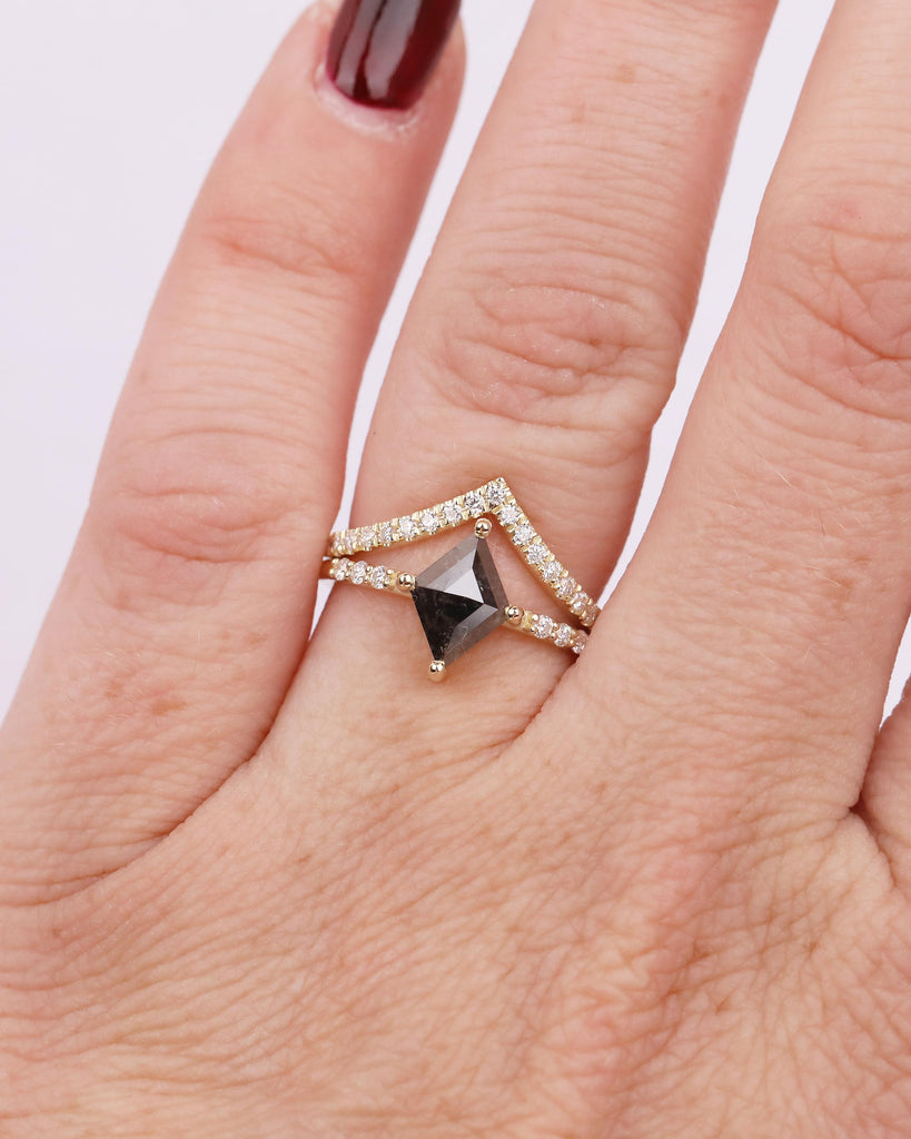 Kite Salt and Pepper Diamond Engagement Ring, Art Deco 14k Gold Bridal Ring Set, Moissanite Stacking Rings, Anniversary jewelry for Women image #11
