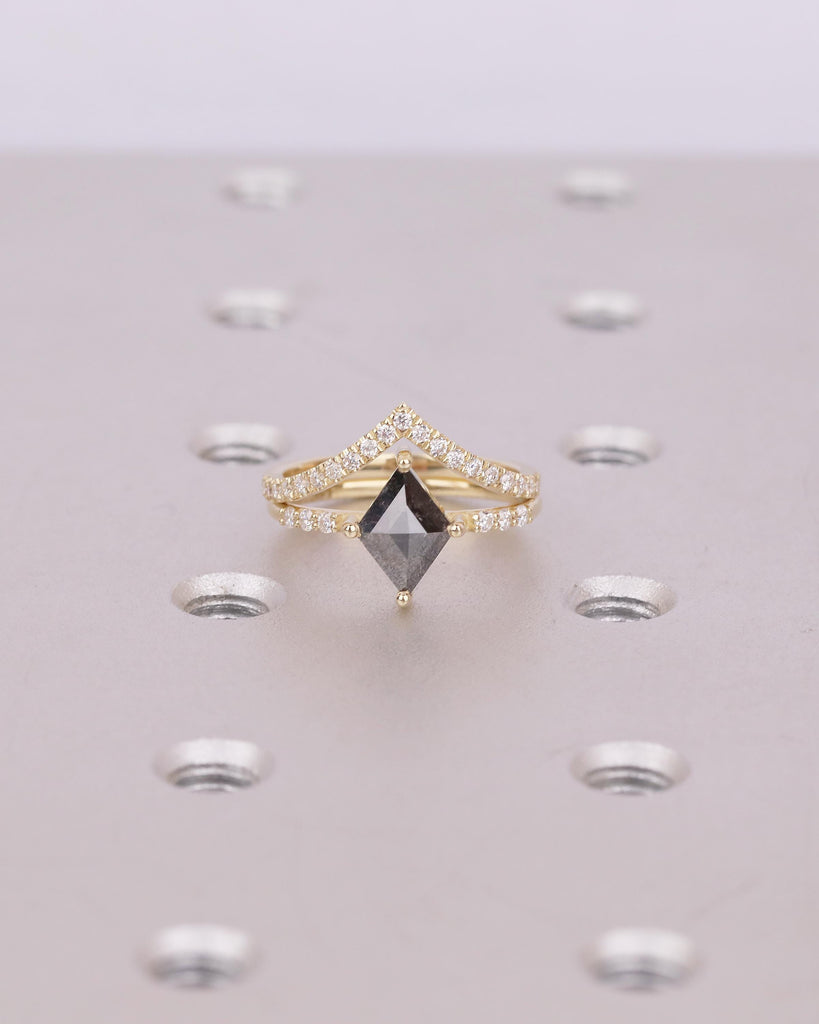 Kite Salt and Pepper Diamond Engagement Ring, Art Deco 14k Gold Bridal Ring Set, Moissanite Stacking Rings, Anniversary jewelry for Women image #1