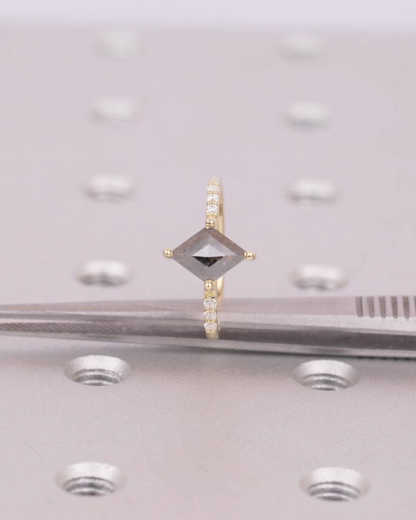 Salt and Pepper Diamond Engagement Ring, Rhombus Kite Shaped Wedding Rings, Dainty 14k Yellow Gold Promise Ring for Her, Moissanite Accents image #19