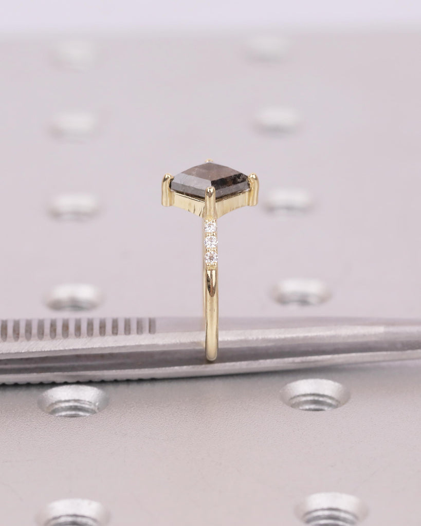 Salt and Pepper Diamond Engagement Ring, Rhombus Kite Shaped Wedding Rings, Dainty 14k Yellow Gold Promise Ring for Her, Moissanite Accents image #5