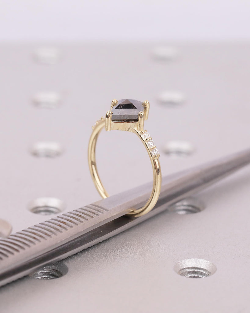 Salt and Pepper Diamond Engagement Ring, Rhombus Kite Shaped Wedding Rings, Dainty 14k Yellow Gold Promise Ring for Her, Moissanite Accents image #17