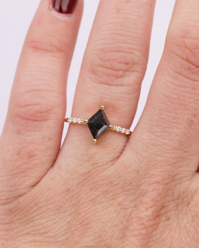 Salt and Pepper Diamond Engagement Ring, Rhombus Kite Shaped Wedding Rings, Dainty 14k Yellow Gold Promise Ring for Her, Moissanite Accents image #10