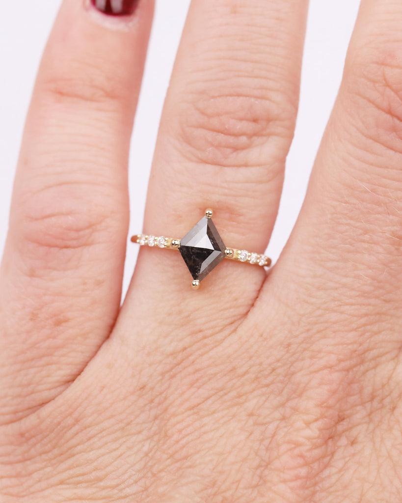 Salt and Pepper Diamond Engagement Ring, Rhombus Kite Shaped Wedding Rings, Dainty 14k Yellow Gold Promise Ring for Her, Moissanite Accents image #18