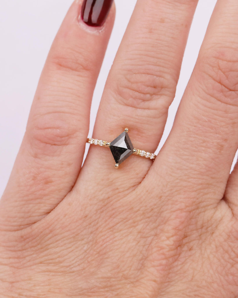 Salt and Pepper Diamond Engagement Ring, Rhombus Kite Shaped Wedding Rings, Dainty 14k Yellow Gold Promise Ring for Her, Moissanite Accents image #14