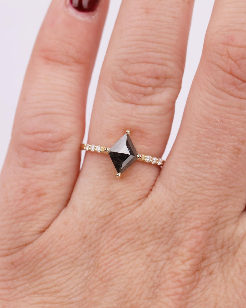 Salt and Pepper Diamond Engagement Ring, Rhombus Kite Shaped Wedding Rings, Dainty 14k Yellow Gold Promise Ring for Her, Moissanite Accents image #2