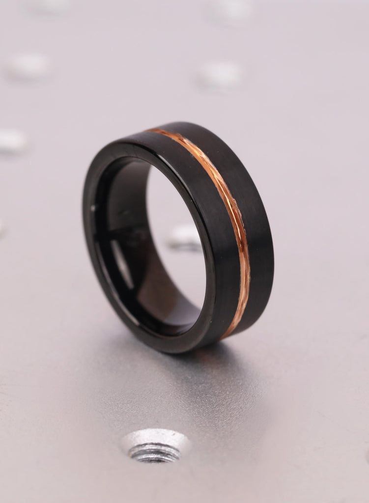 Black Tungsten Carbide Wedding Band, 8mm Comfort Fit with 14K Rose Gold Plated Men's Wedding Ring, Jewelry For Men, Men's Engagement Gift image #8