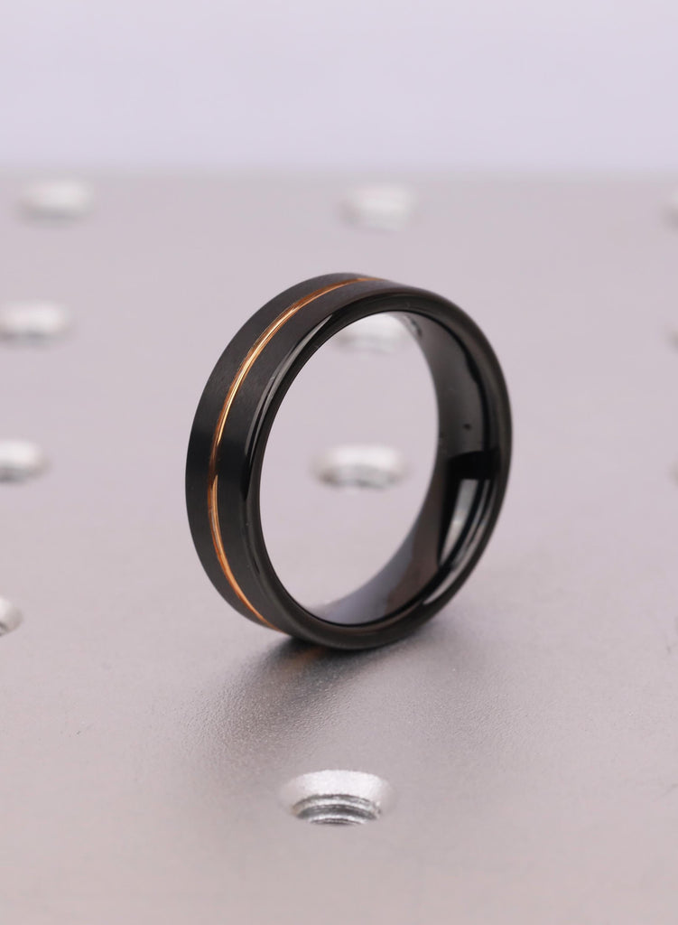 Men's Black Tungsten Ring, Rose Gold Plated 6mm Comfort Fit Wedding Band image #6