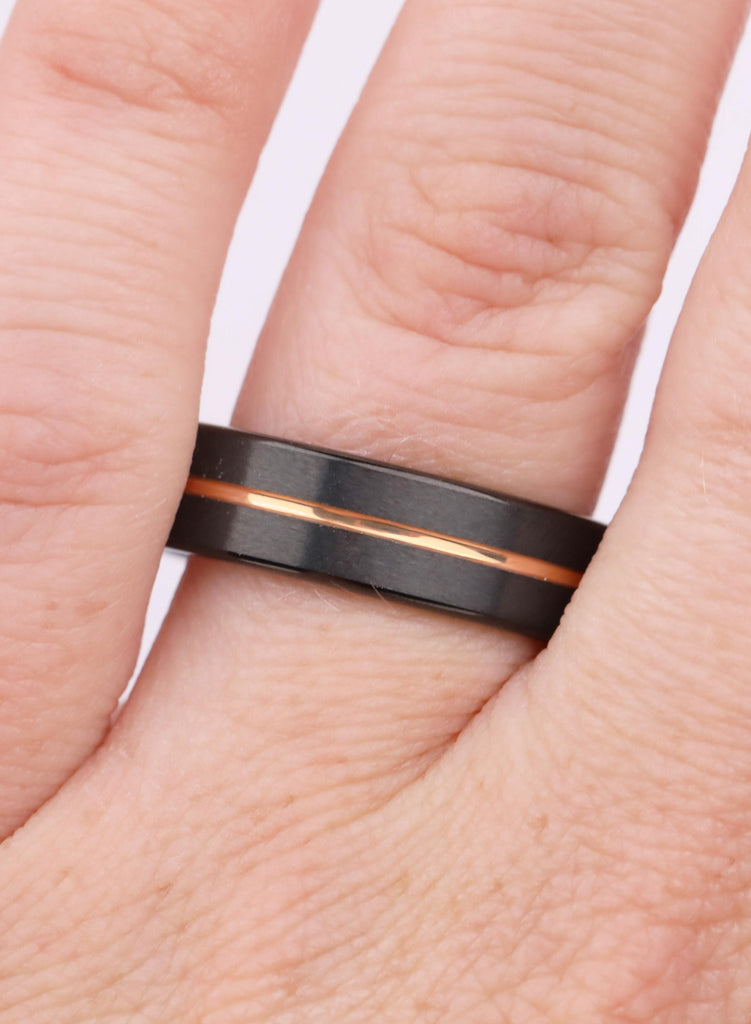 6mm Comfort Fit Black Tungsten Carbide Wedding Band, 14K Rose Gold Plated Men's Ring, Men's Wedding Ring, Ring For Him, Men's Jewelry Gift image #2