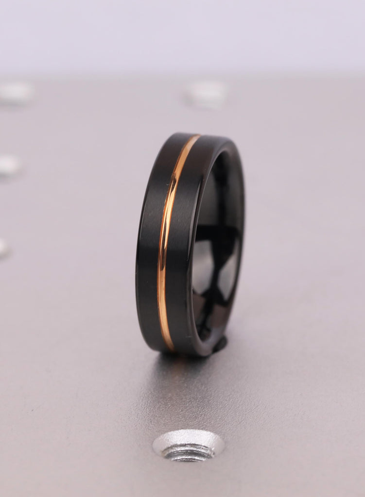 6mm Comfort Fit Black Tungsten Carbide Wedding Band, 14K Rose Gold Plated Men's Ring, Men's Wedding Ring, Ring For Him, Men's Jewelry Gift image #8