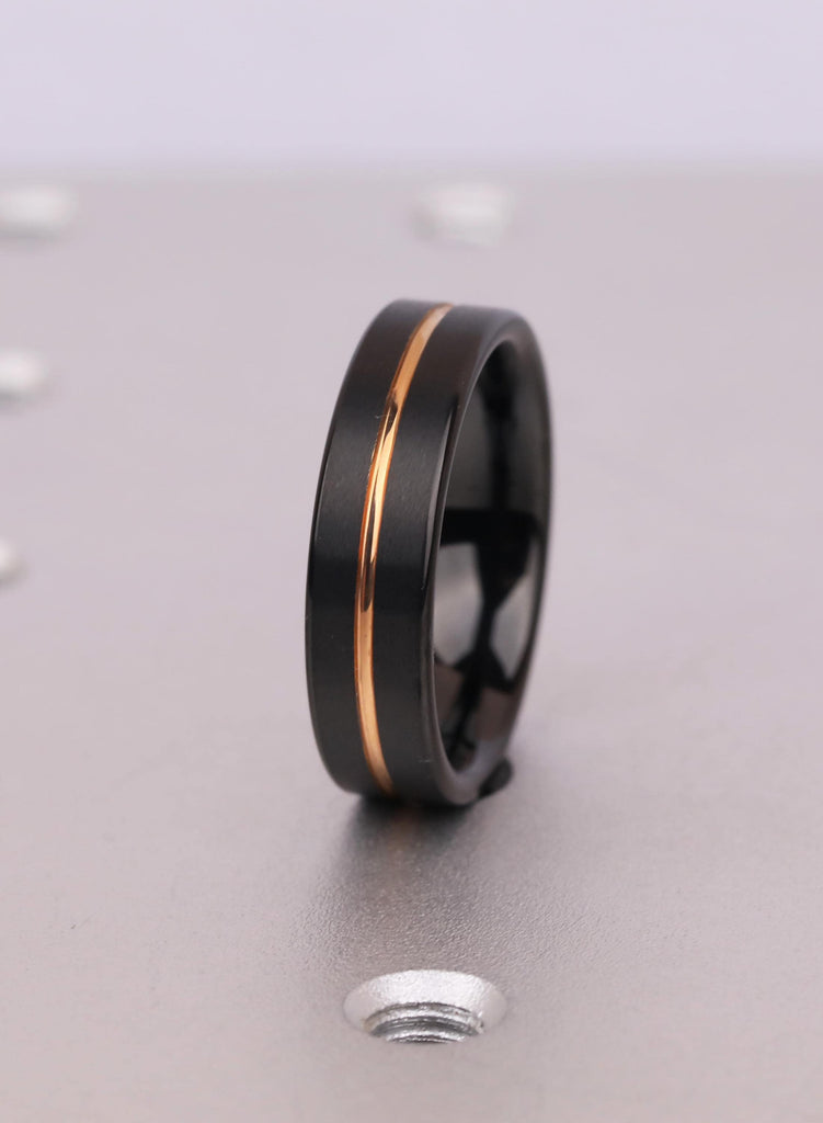 Men's Black Tungsten Ring, Rose Gold Plated 6mm Comfort Fit Wedding Band image #2