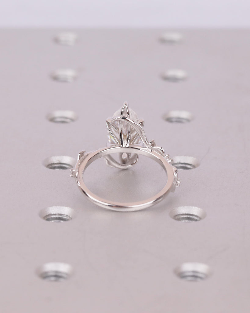 Marquise Moissanite Ring, Vintage Engagement Ring, Unique Nature Jewelry, 14k White Gold Statement Rings image #6