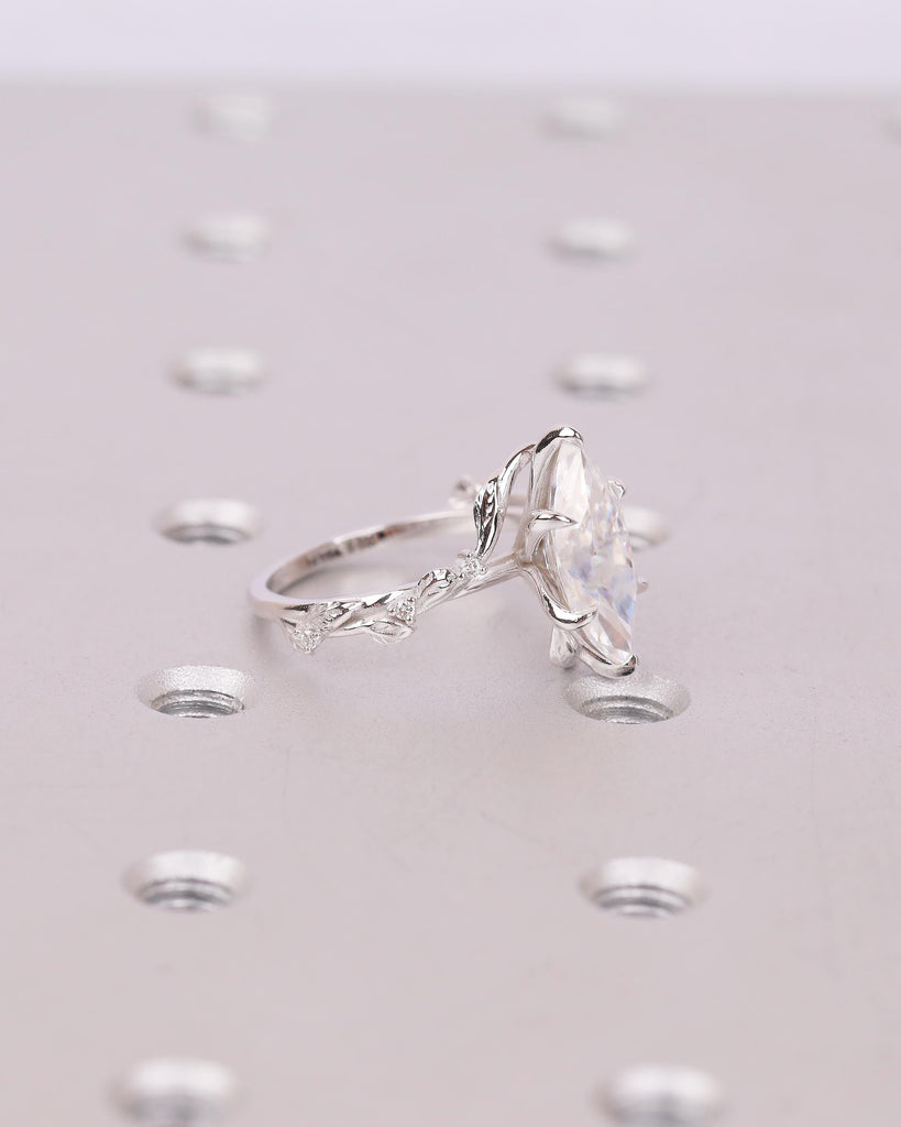 Marquise Moissanite Ring, Vintage Engagement Ring, Unique Nature Jewelry, 14k White Gold Statement Rings image #15