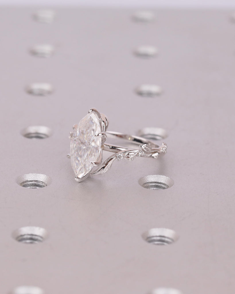 Marquise Moissanite Ring, Vintage Engagement Ring, Unique Nature Jewelry, 14k White Gold Statement Rings image #3
