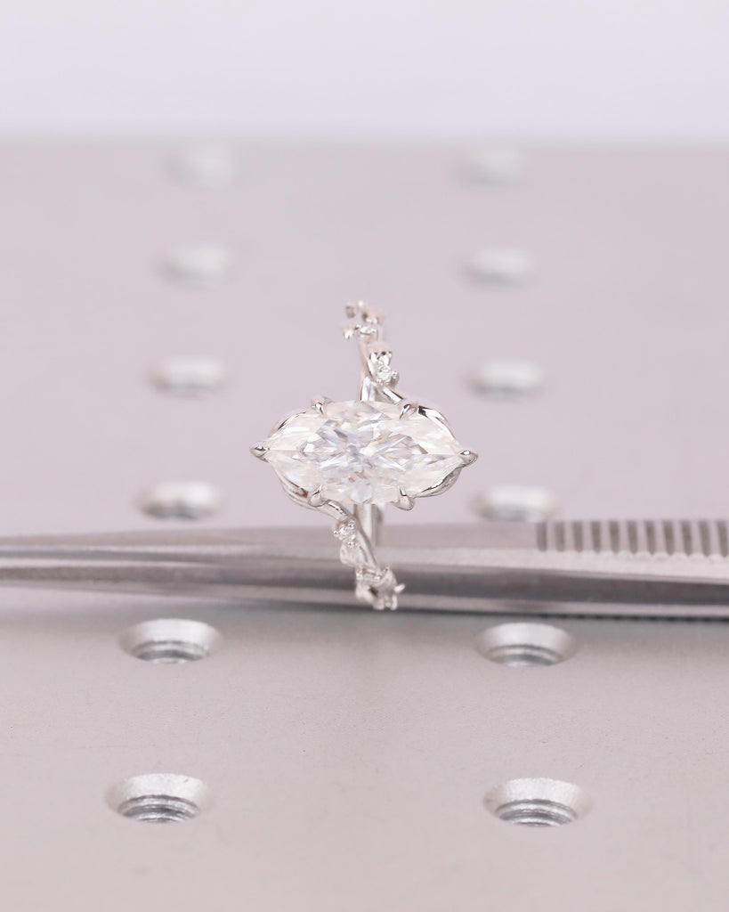 Marquise Moissanite Ring, Vintage Engagement Ring, Unique Nature Jewelry, 14k White Gold Statement Rings image #8