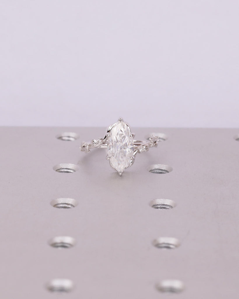 Marquise Lab Diamond Engagement Ring, Art Deco 14k White Gold Floral Ring, Statement Jewelry image #9