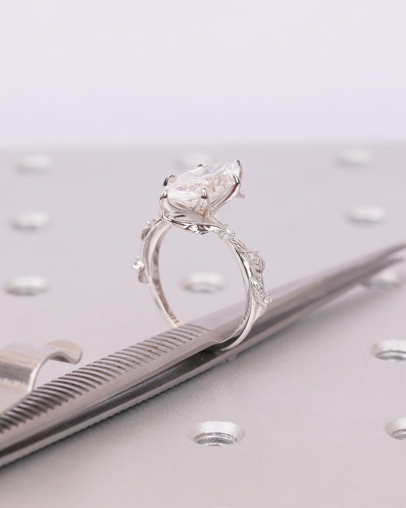 Marquise Lab Diamond Engagement Ring, Art Deco 14k White Gold Floral Ring, Statement Jewelry image #18