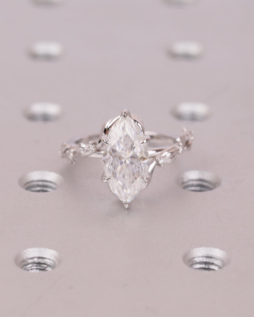 Marquise Lab Diamond Engagement Ring, Art Deco 14k White Gold Floral Ring, Statement Jewelry image #13