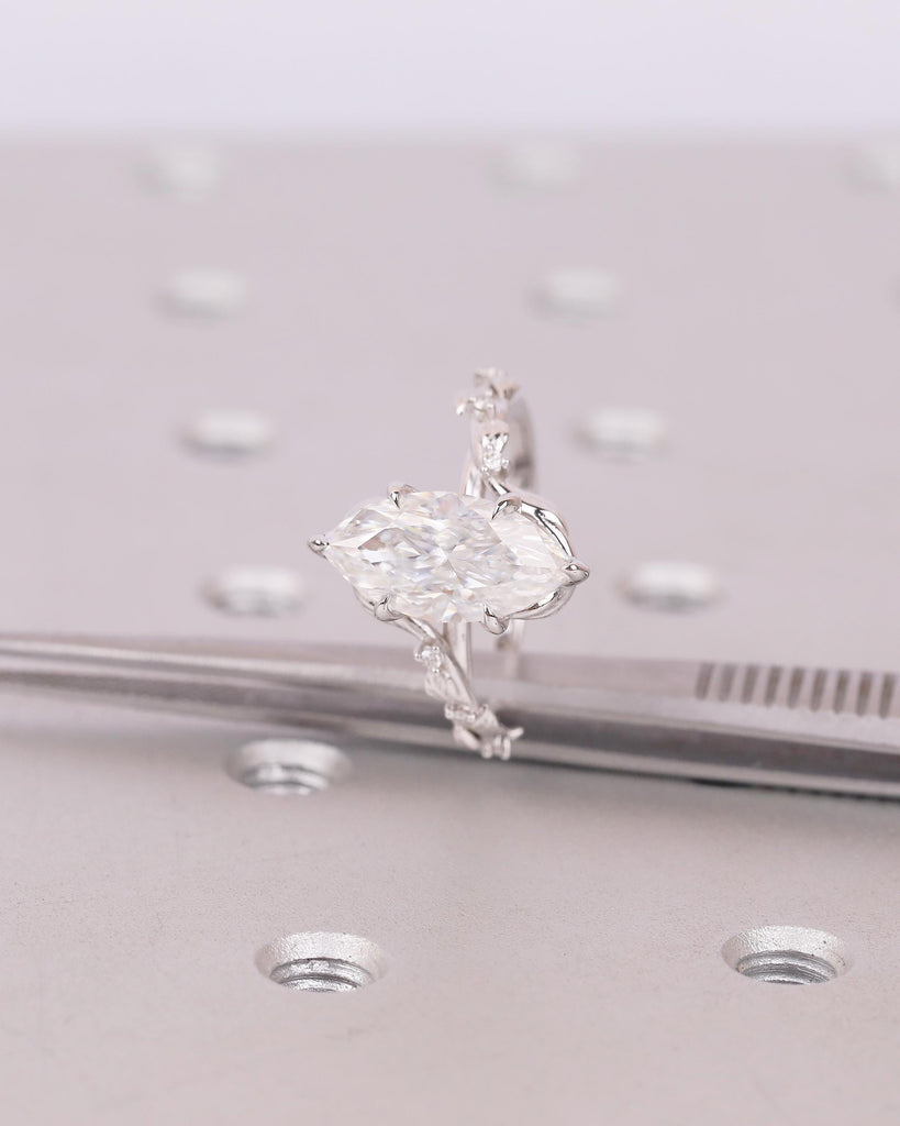 Art Deco 2.5ct Lab Grown Diamond Marquise Ring, Nature Inspired Engagement Ring, White Gold Personalized Jewelry, Vintage Style Bypass Rings image #4
