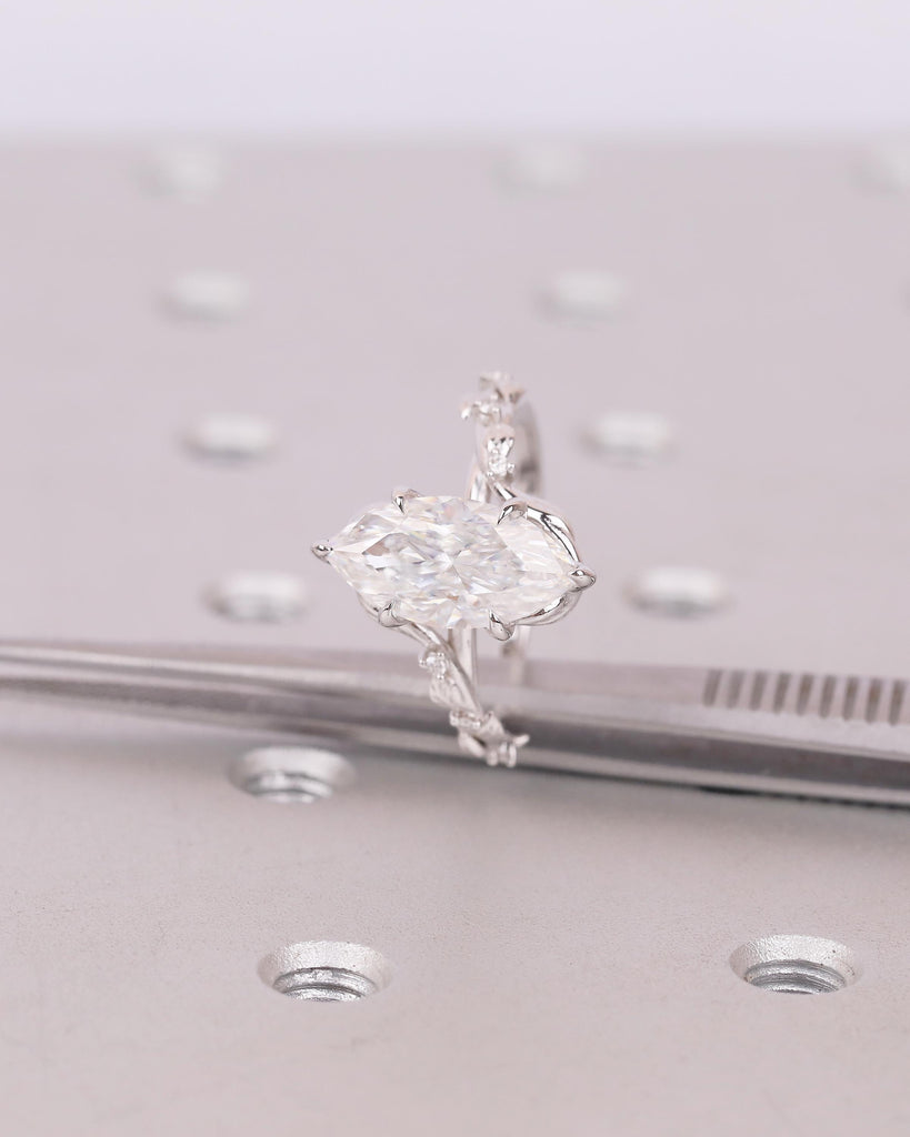 2.5 Carat Marquise Lab Created Diamond Engagement Ring, 14k Solid Gold Leaves Ring image #4