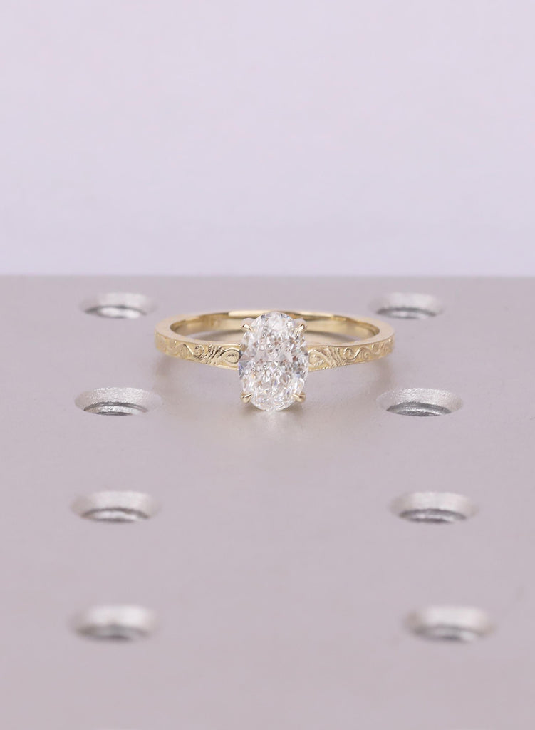 14K/18K Yellow Gold Oval Lab Diamond Engagement Ring, Vintage Filigree Band, Solitaire Wedding Ring, Ring For Women, Solid Gold Jewelry Gift image #3