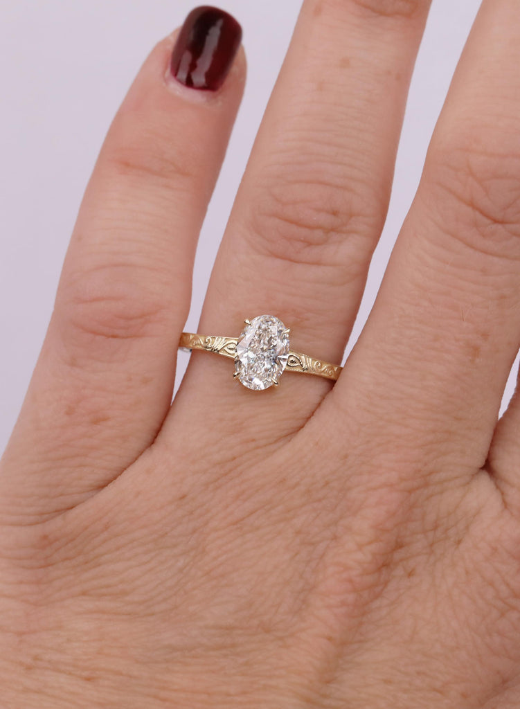 14K/18K Yellow Gold Oval Lab Diamond Engagement Ring, Vintage Filigree Band, Solitaire Wedding Ring, Ring For Women, Solid Gold Jewelry Gift image #2