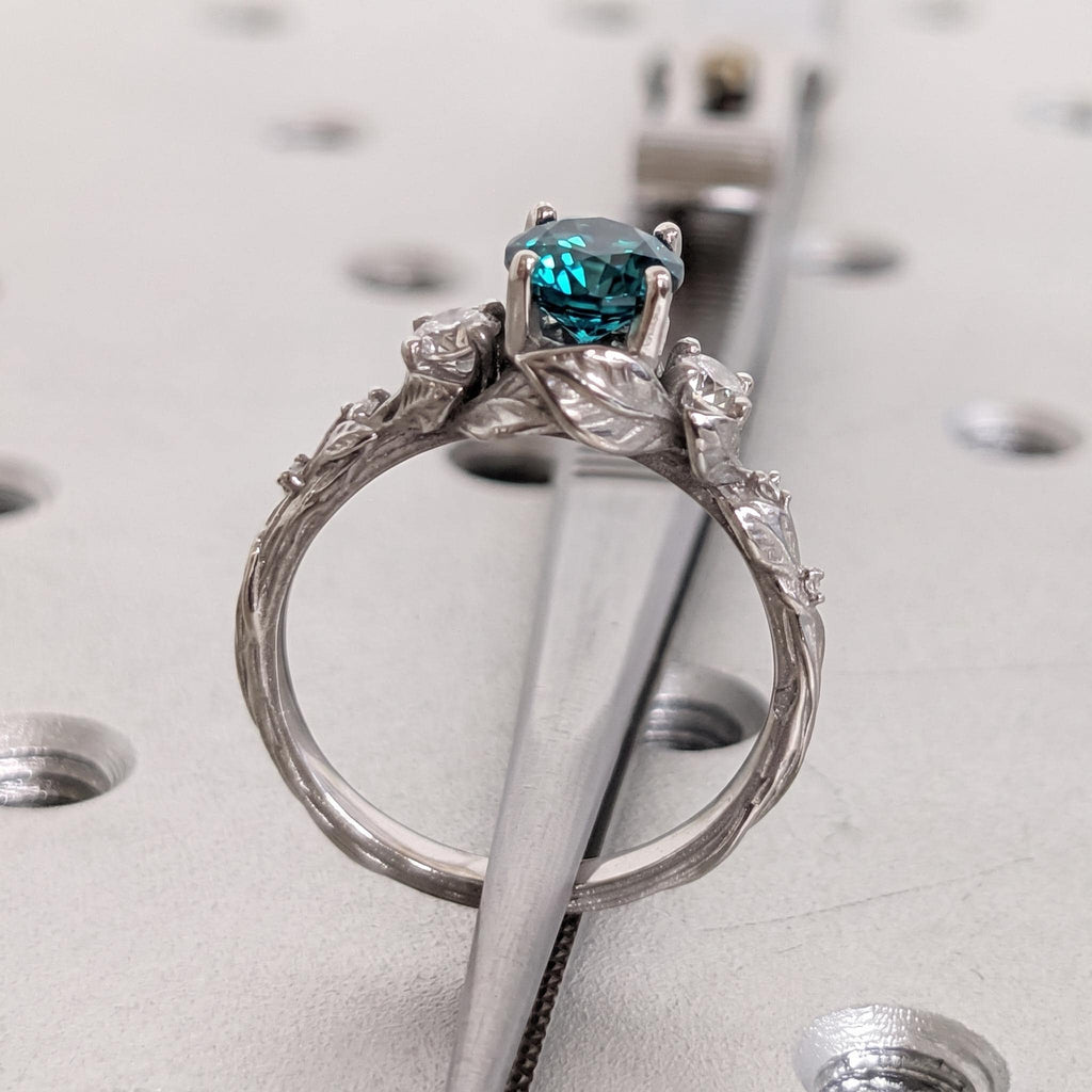Natural Teal Sapphire Engagement Rings for Women | Solid Gold or Platinum Leaf Design Wedding Ring | Gemstone Bridal Jewelry image #3