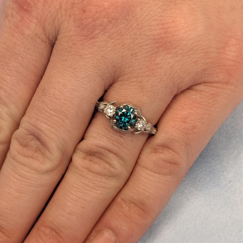 Natural Teal Sapphire Engagement Rings for Women | Solid Gold or Platinum Leaf Design Wedding Ring | Gemstone Bridal Jewelry image #2