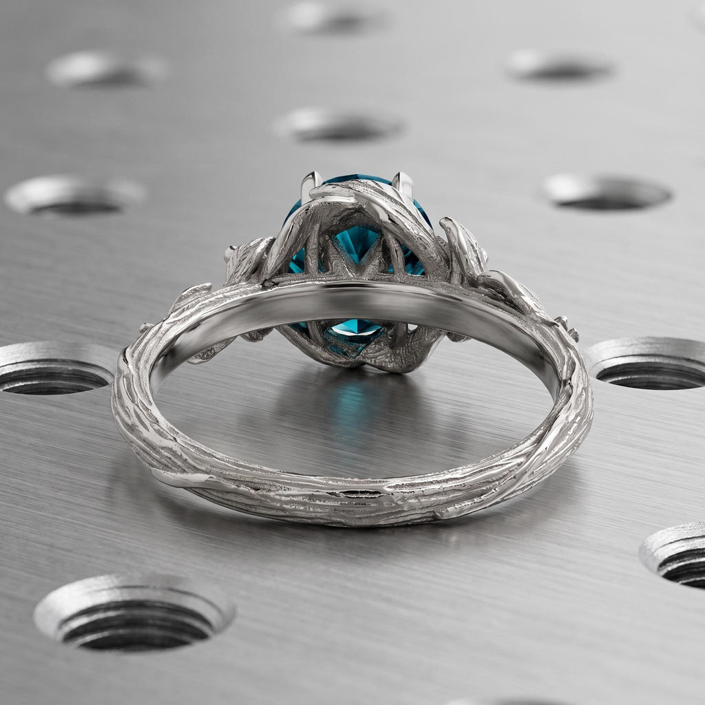 Natural Teal Sapphire Engagement Rings for Women | Solid Gold or Platinum Leaf Design Wedding Ring | Gemstone Bridal Jewelry image #4