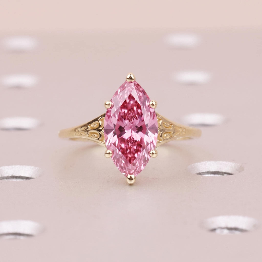 14k Yellow Gold Diamond Solitaire Ring | Marquise Pink Gemstone Ring | Vintage Jewelry Gift for Her image #4