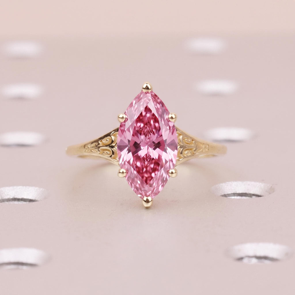 Pink Lab Diamond Custom Engagement Ring | Marquise Cut Victorian Filigree Ring | Gold Heirloom Proposal Ring | Wedding Anniversary Gift image #4