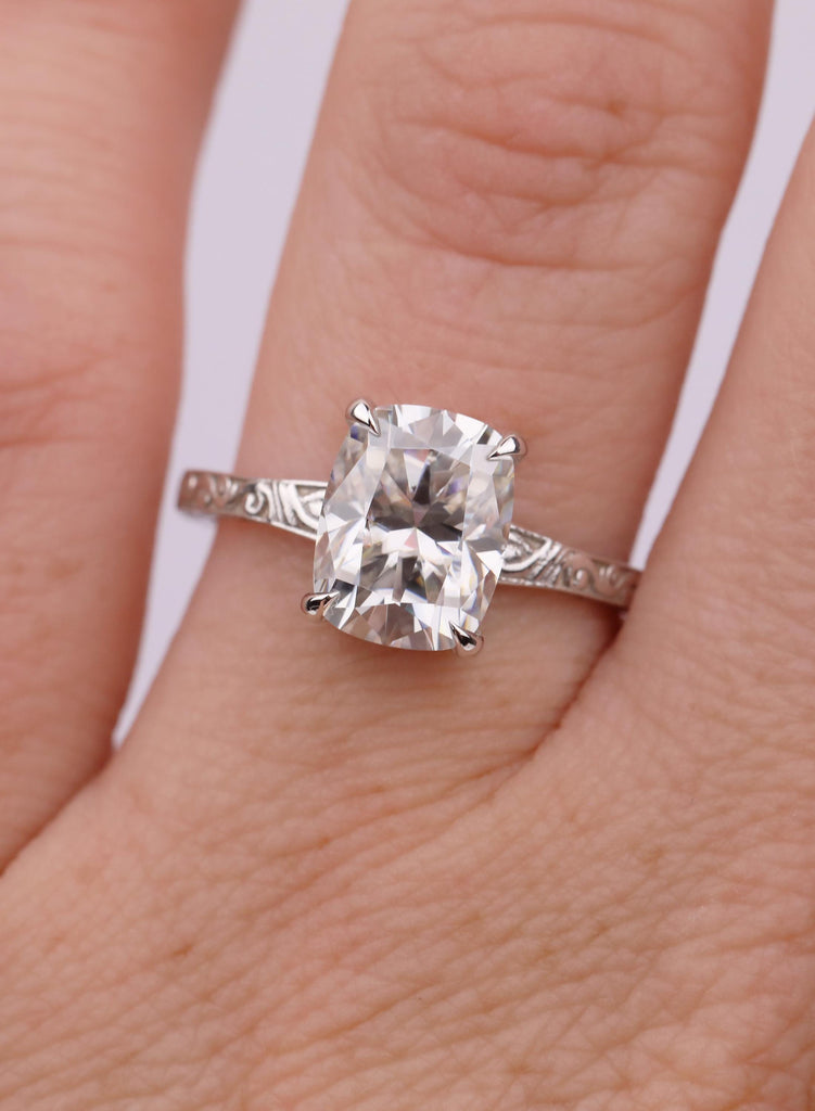 Elongated Cushion Moissanite Engagement Ring | 14K White Gold Filigree Band | Moissanite Jewelry image #1