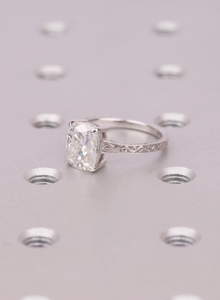 Elongated Cushion Cut Moissanite Solitaire Vintage Inspired Engagement Ring | 14K White Gold Filigree Engraving Wedding Band | Gift for Her image #7
