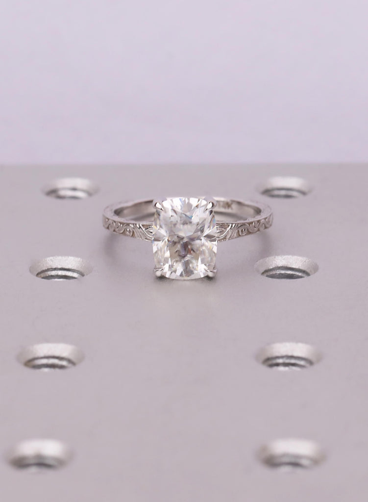 Solitaire Cushion cut Lab Diamond Ring, Antique 14K Solid White Gold Engagement Ring Handmade Carved Filigree Band, Wedding Anniversary Ring image #3