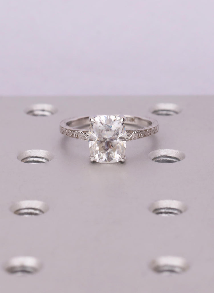Elongated Cushion Cut Lab Diamond Ring, 14K White Gold Filigree Band, Vintage Engagement Ring image #4