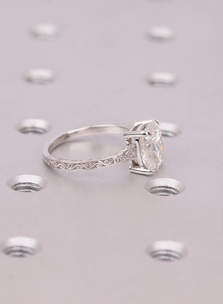 Solitaire Cushion cut Lab Diamond Ring, Antique 14K Solid White Gold Engagement Ring Handmade Carved Filigree Band, Wedding Anniversary Ring image #5
