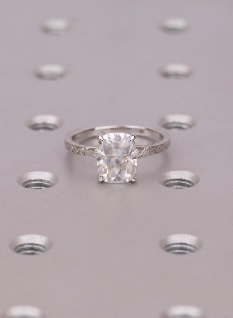 Solitaire Cushion cut Lab Diamond Ring, Antique 14K Solid White Gold Engagement Ring Handmade Carved Filigree Band, Wedding Anniversary Ring image #4