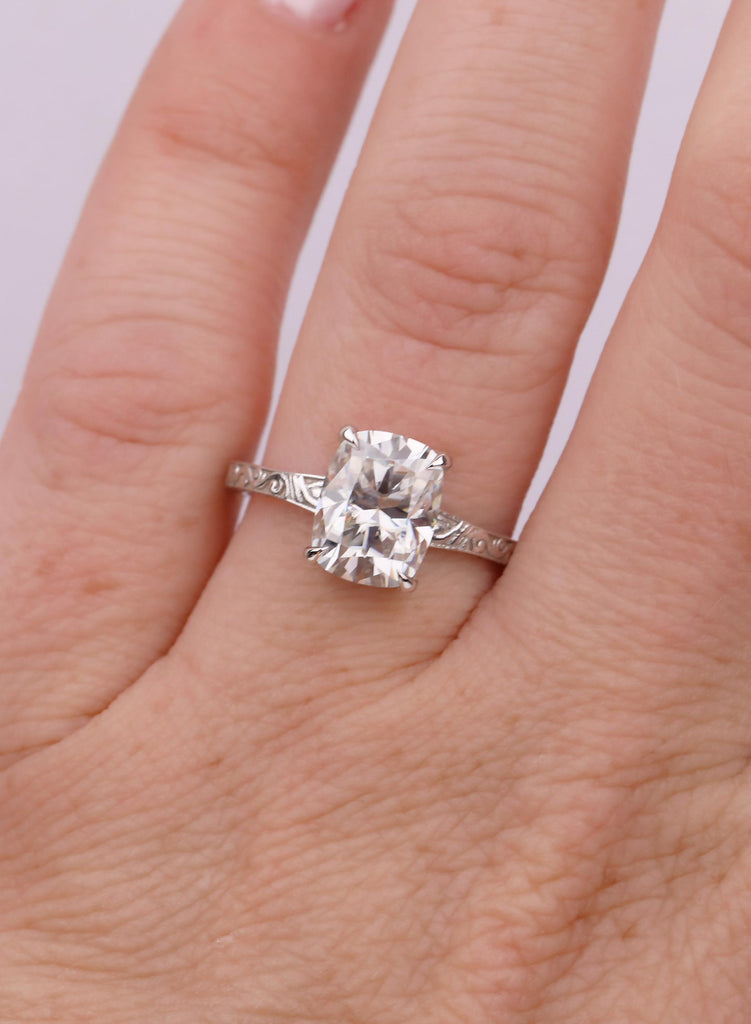 Solitaire Cushion cut Lab Diamond Ring, Antique 14K Solid White Gold Engagement Ring Handmade Carved Filigree Band, Wedding Anniversary Ring image #12