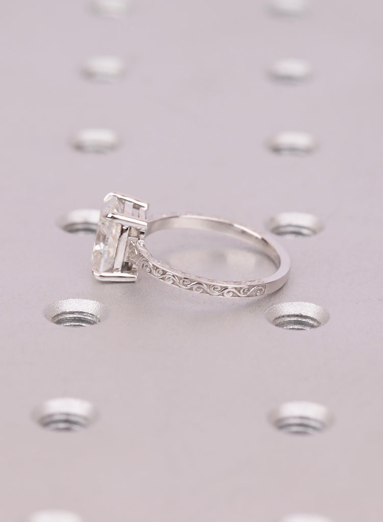 Solitaire Cushion cut Lab Diamond Ring, Antique 14K Solid White Gold Engagement Ring Handmade Carved Filigree Band, Wedding Anniversary Ring image #7