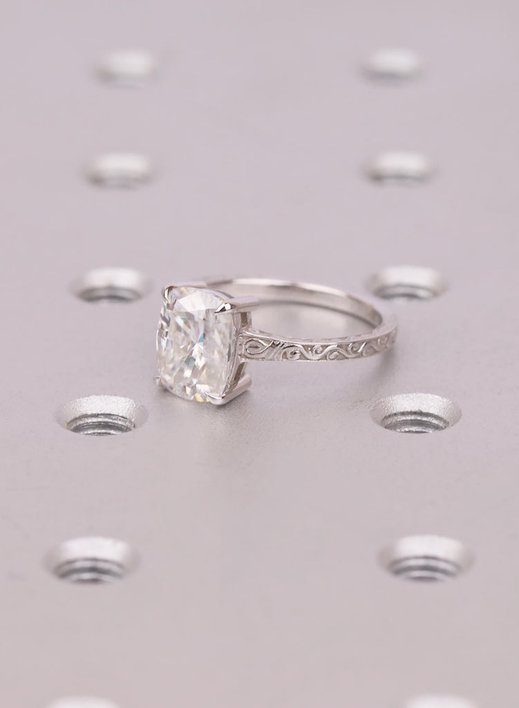 Solitaire Cushion cut Lab Diamond Ring, Antique 14K Solid White Gold Engagement Ring Handmade Carved Filigree Band, Wedding Anniversary Ring image #8