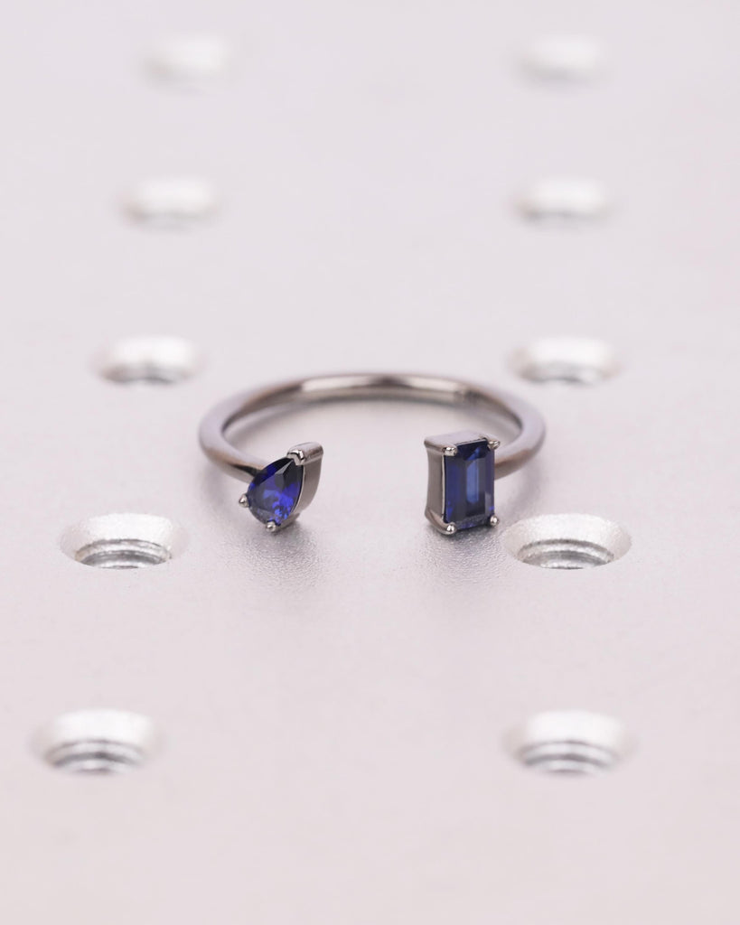 Pear and Emerald cut Blue Sapphire Ring, 14K Black Gold Engagement Ring, Toi et Moi Ring, Two Stone Ring, Dainty Stackable Open Wedding Ring