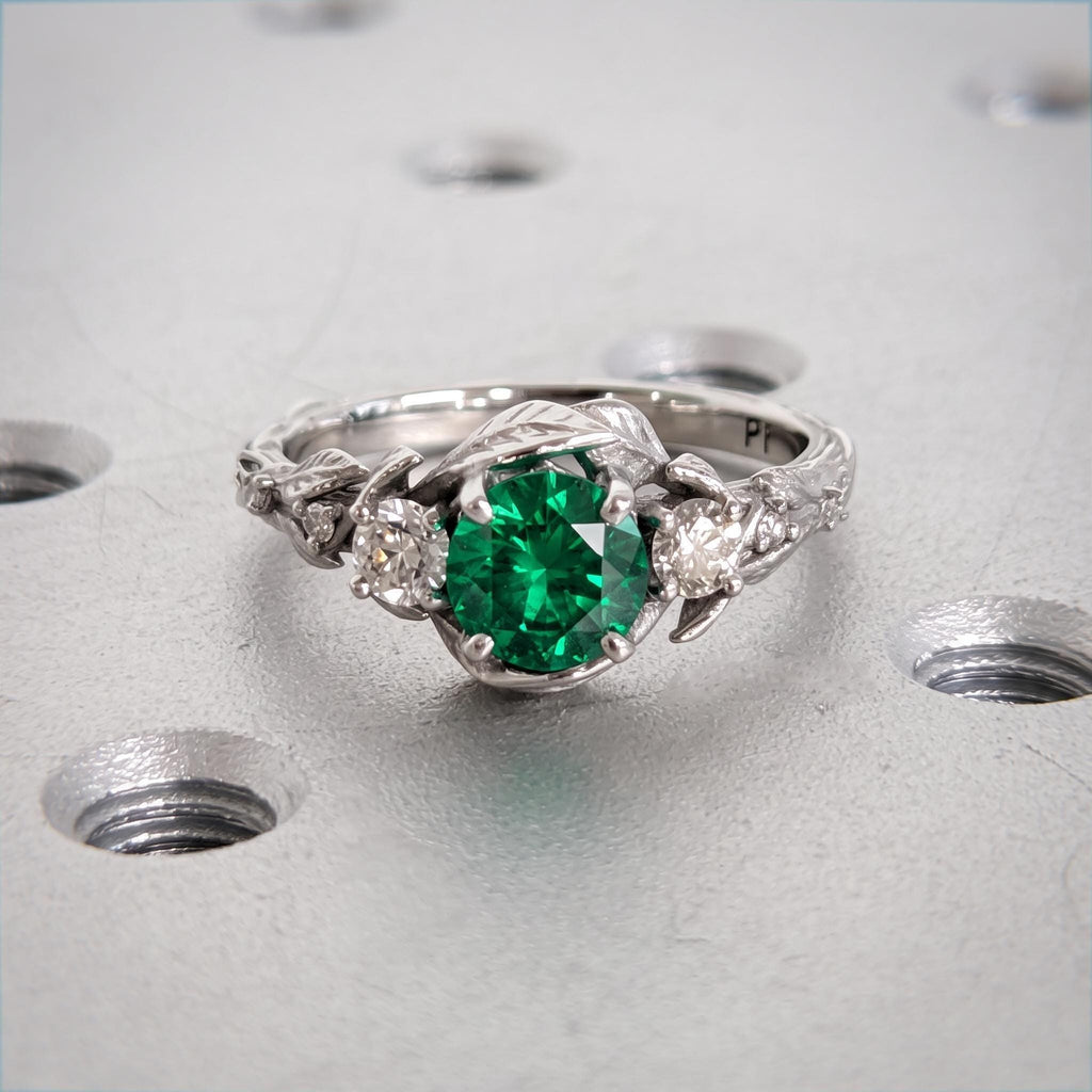 Green Emerald Platinum Engagement Ring | Nature Inspired Leaf Wedding Ring | Rustic Bridal Jewelry Gift for Her