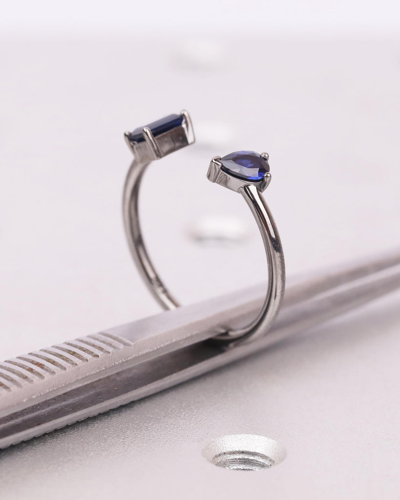 Pear and Emerald cut Blue Sapphire Ring, 14K Black Gold Engagement Ring, Toi et Moi Ring, Two Stone Ring, Dainty Stackable Open Wedding Ring image #9