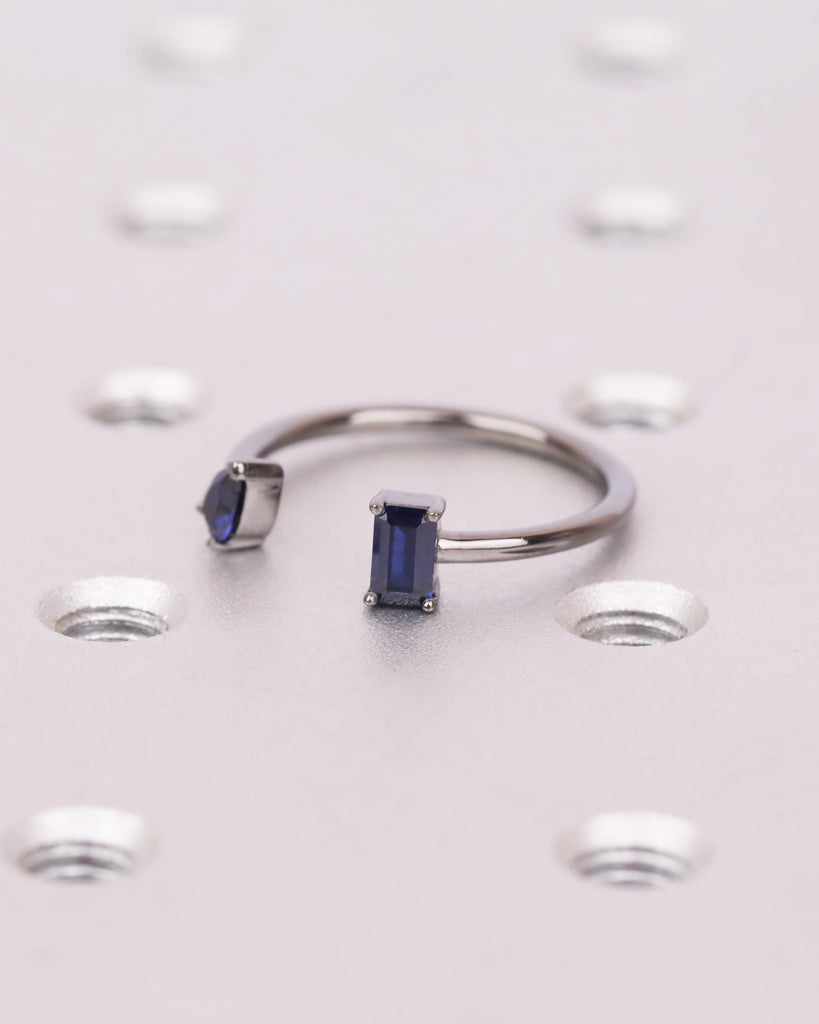 Pear and Emerald cut Blue Sapphire Ring, 14K Black Gold Engagement Ring, Toi et Moi Ring, Two Stone Ring, Dainty Stackable Open Wedding Ring image #5