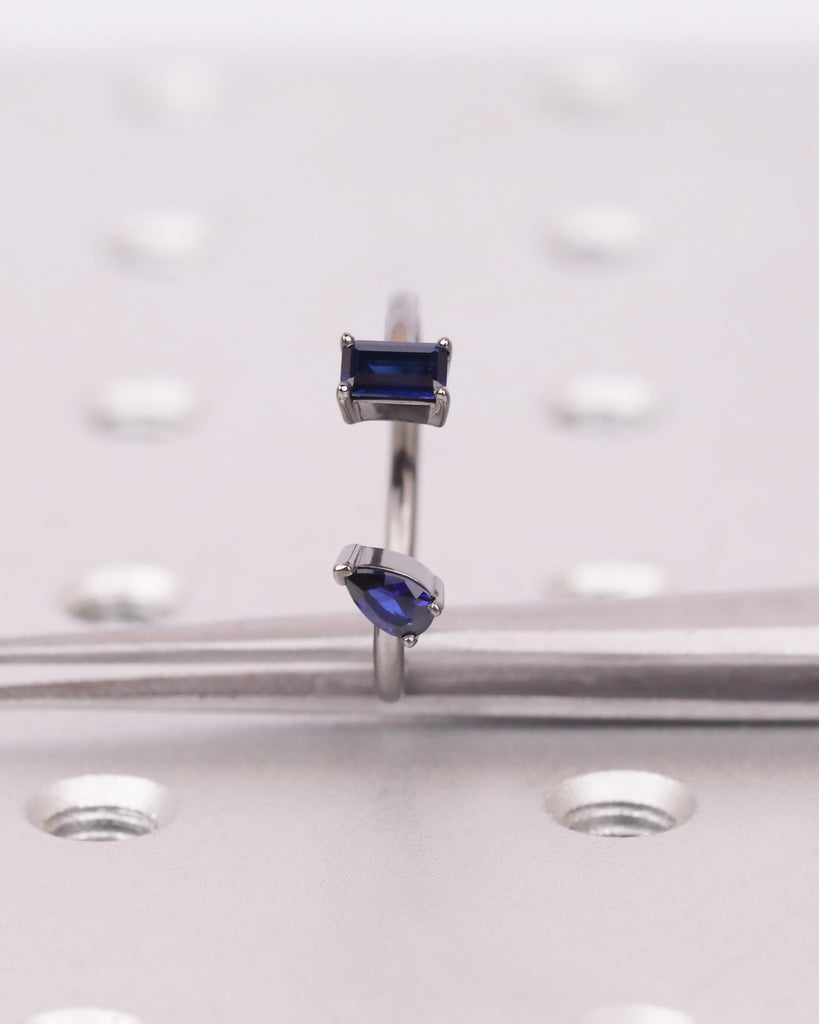 Pear and Emerald cut Blue Sapphire Ring, 14K Black Gold Engagement Ring, Toi et Moi Ring, Two Stone Ring, Dainty Stackable Open Wedding Ring image #8