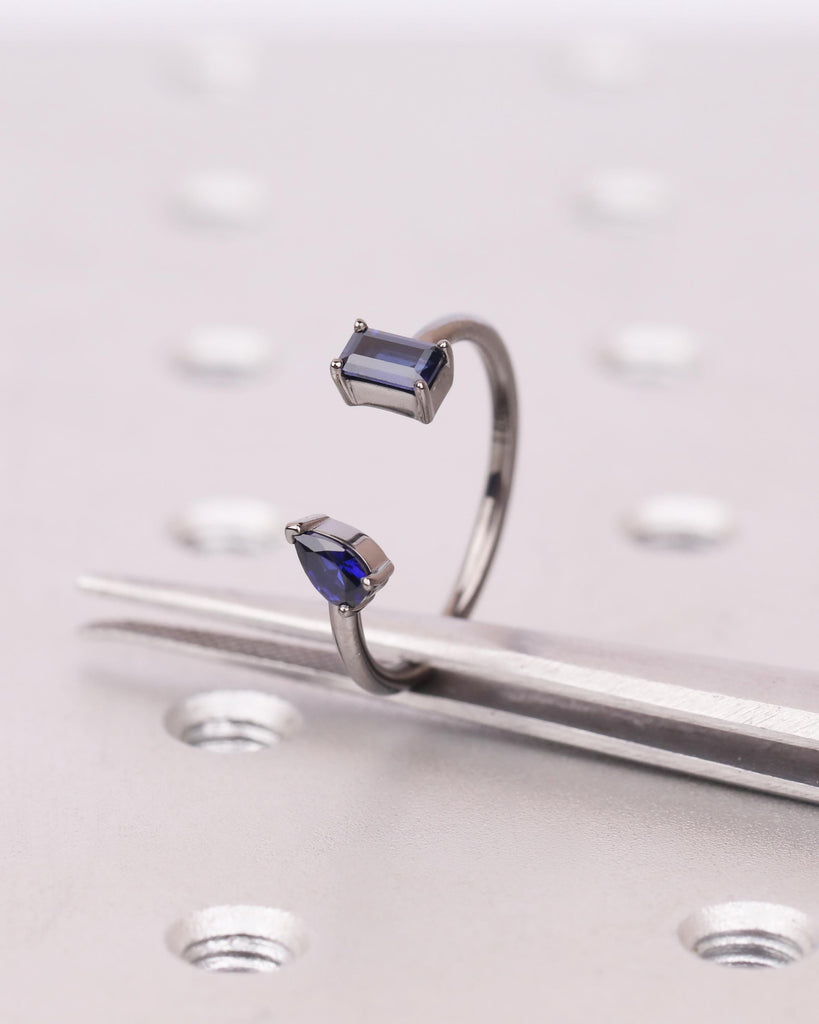Blue Sapphire Custom Open Gap Ring, Pear & Emerald Cut Toi et Moi Ring, Two Stone Engagement Ring, September Birthstone, 14K Black Gold