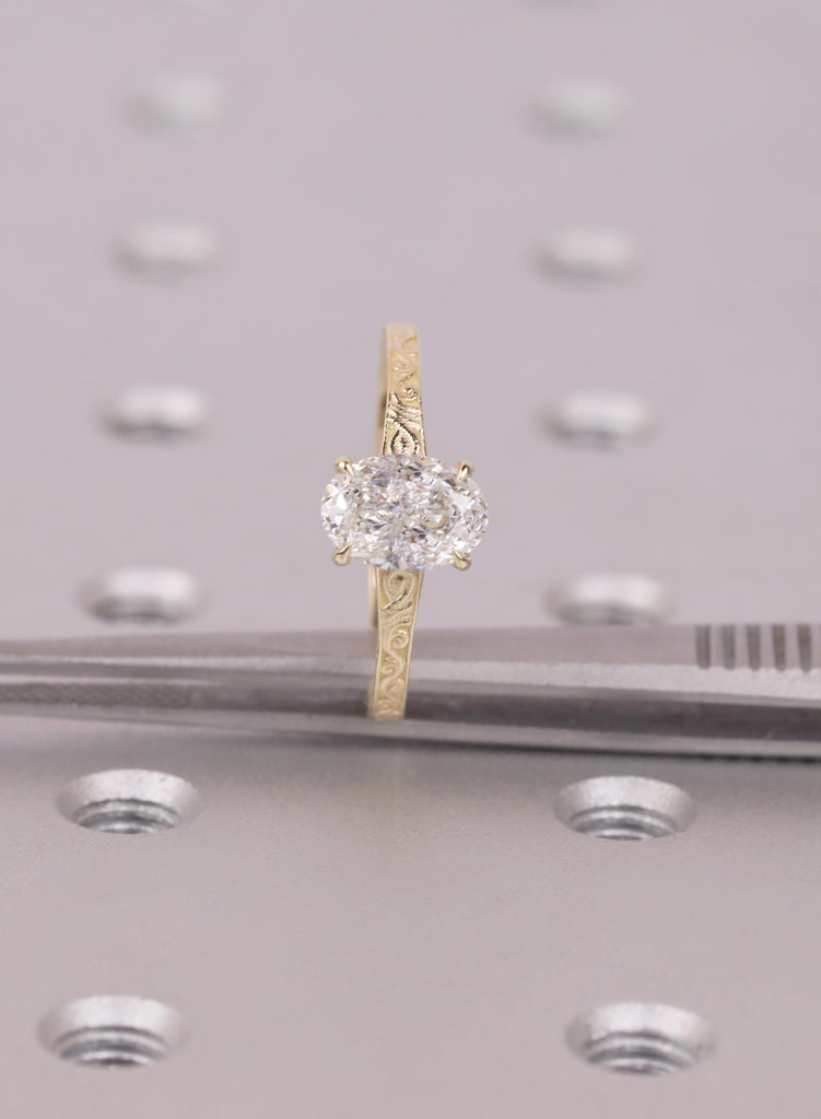 Oval Cut 1.00 CT Lab Grown Diamond Engagement Ring, Solid Gold VVS-VS Prong Set Filigree Band, Wedding Anniversary Solitaire Ring For Women image #9