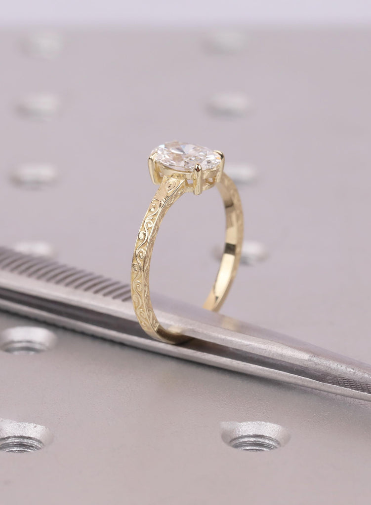 Oval Cut 1.00 CT Lab Grown Diamond Engagement Ring, Solid Gold VVS-VS Prong Set Filigree Band, Wedding Anniversary Solitaire Ring For Women image #11