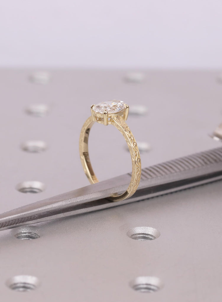Oval Cut 1.00 CT Lab Grown Diamond Engagement Ring, Solid Gold VVS-VS Prong Set Filigree Band, Wedding Anniversary Solitaire Ring For Women image #14